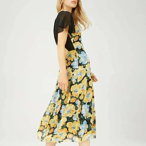 Club Monaco Size 4 Black Yellow Coran Floral Flutter-Sleeve Midi Dress NEW! - Picture 3 of 11